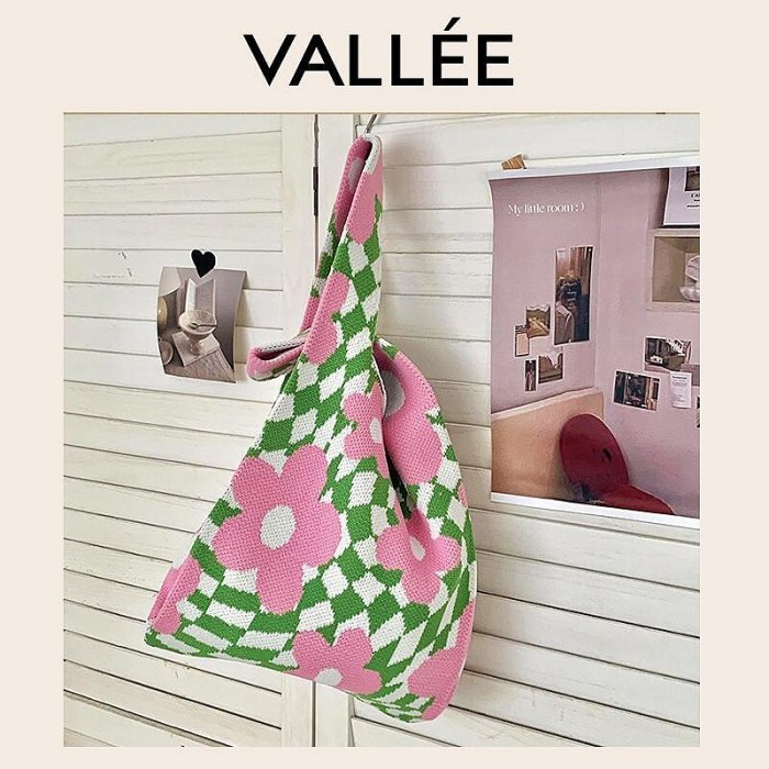【VALLEE】✨針織包毛線包✨新款質感包袋小眾三色提花休閒編織包袋格子花朵手拿