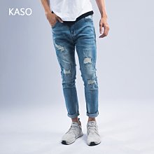 KASO【任2件1300】自訂款 彈力刷破錐形牛仔褲 復古藍 M-3L 8801