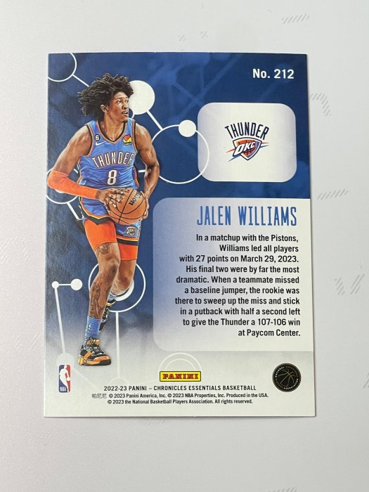 2022-23 CHRONICLES ESSENTIALS Jalen Williams RC 新秀 折射 24