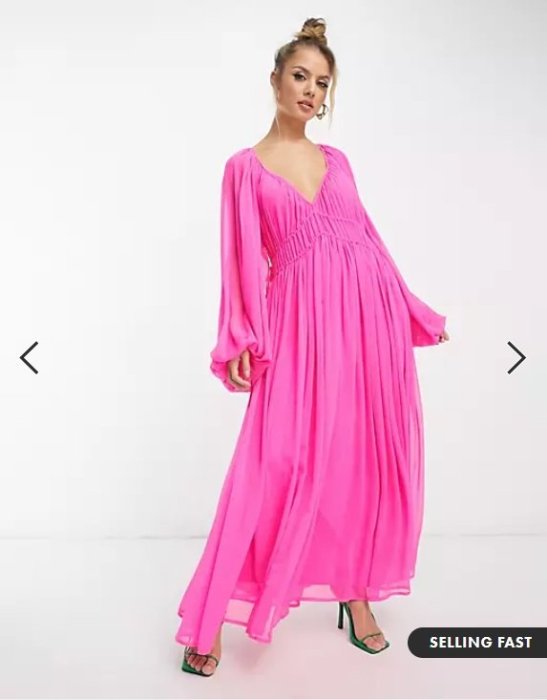(嫻嫻屋) 英國ASOS-優雅時尚名媛粉紅色V領氣球袖皺褶繫帶腰寬鬆合身長裙洋裝禮服EA23