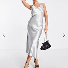 (嫻嫻屋) 英國ASOS -Topshop優雅時尚金屬光澤銀色V領細肩帶中長裙洋裝EL23