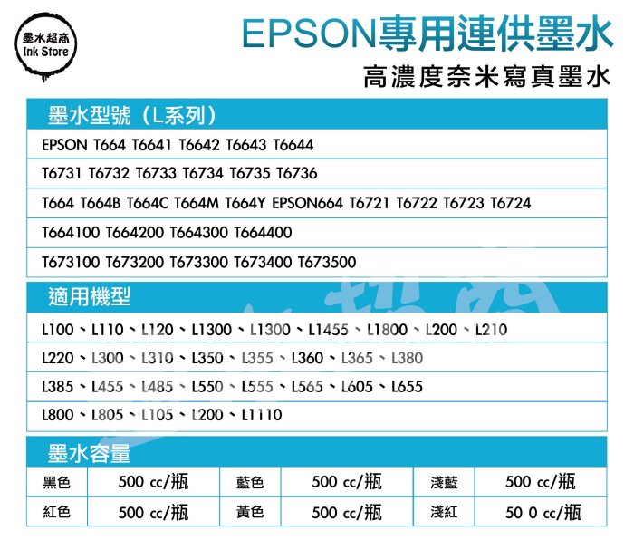 【墨水超商】EPSON墨水/ 大小供填充墨水500cc=199元/獲得客戶超優評比喔!