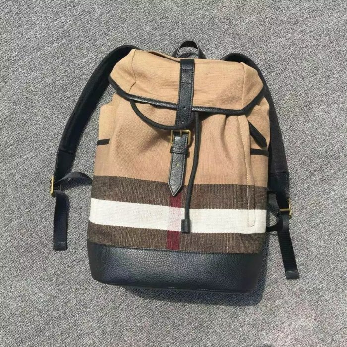 【全新正貨私家珍藏】BURBERRY Canvas 黃麻格子拼皮雙肩包中性款