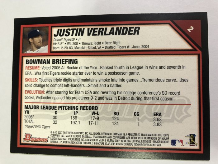 Justin Verlander #2 2007 Bowman Chrome