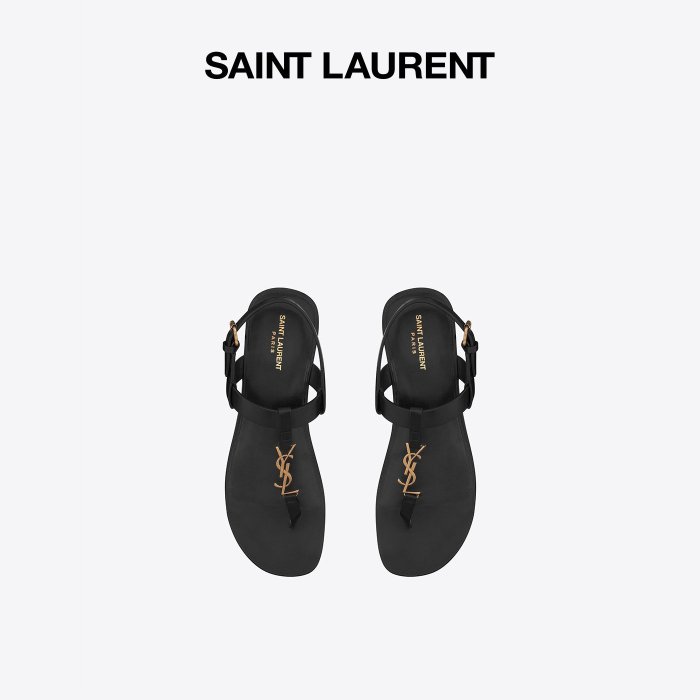 下殺 免運 精品 正品 促銷@YSL/圣羅蘭 男士CASSANDRA金色字母標志光滑皮革平底涼鞋