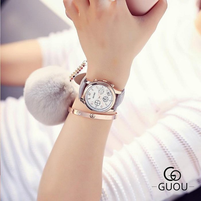 GUOU 8175 古歐香港古歐女士手錶三眼多功能皮帶經典復古休閒石英手錶女腕表