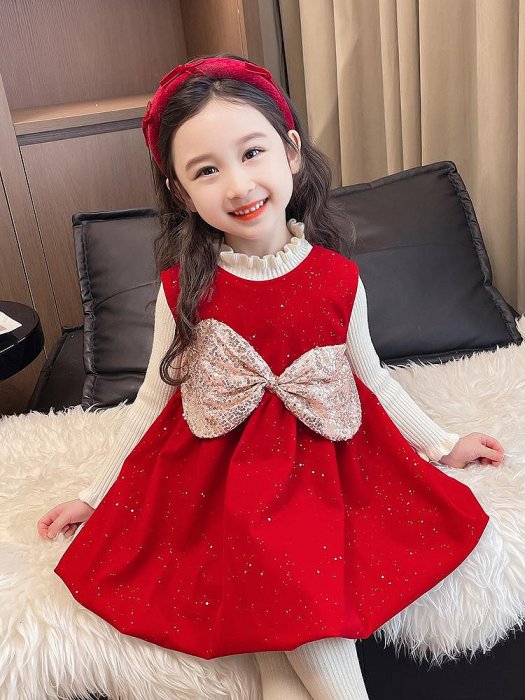 女小童冬季新款加絨公主喜慶紅色連衣裙幼兒加厚新年蝴蝶結年服裙_佳美優品