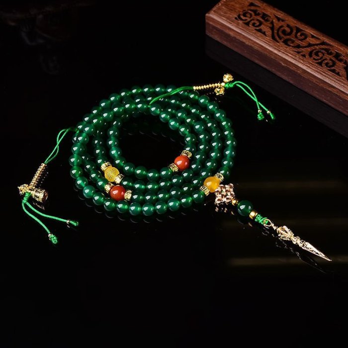 【熱賣精選】天然綠瑪瑙108顆佛珠手鏈念珠情侶款脖掛項鏈手串綠度母念珠飾品