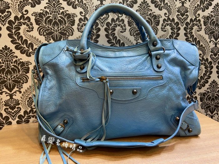 《真愛名牌精品》BALENCIAGA 115748 藍色 小扣 City bag機車包*78成新*02057