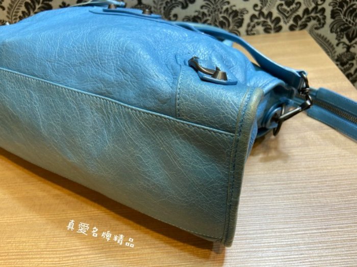 《真愛名牌精品》BALENCIAGA 115748 藍色 小扣 City bag機車包*78成新*02057