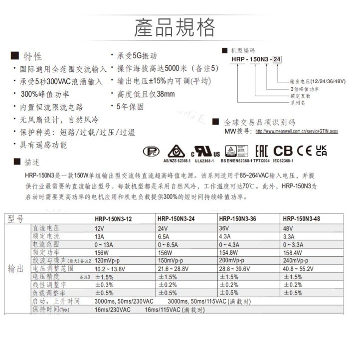 『聯騰．堃喬』MW明緯 HRP-150N3-12/24/36/48 單組輸出 電源供應器 PFC