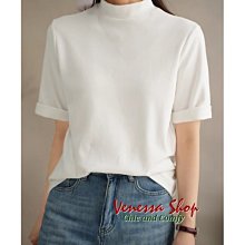 VENESSA~ 新款 高雅純色 女の柔軟棉感短袖T恤 純棉半高領五分袖上衣 2色 (L1568)