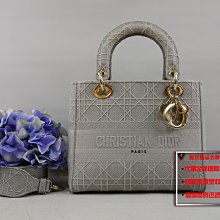 ☆優買二手精品名牌店☆ Dior CD LADY M0565 D-LITE 中 灰 織布 肩背包 黛妃包 手提包 斜背包