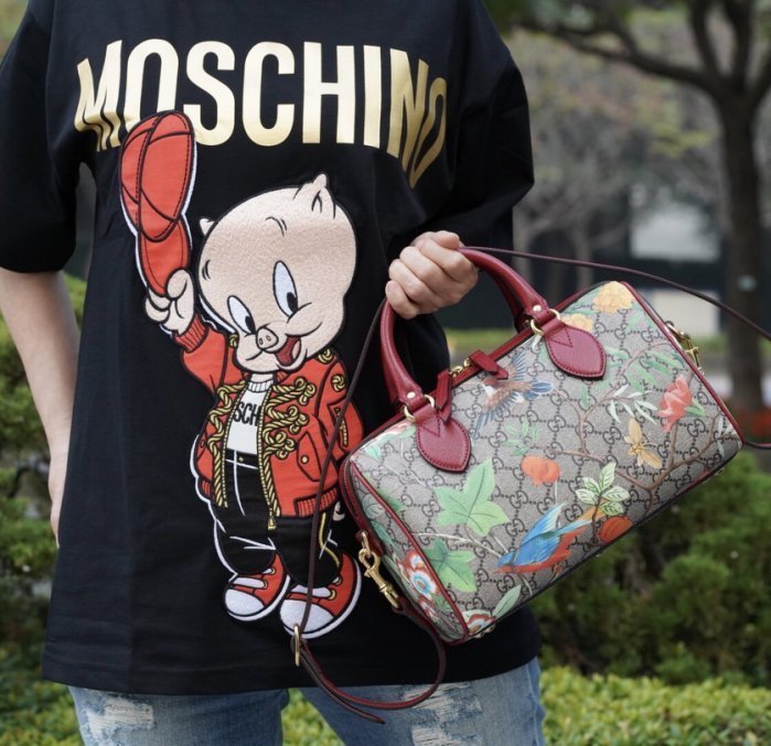 Gucci Linea A printed canvas Bag 小型 花卉波士頓包 紅皮邊