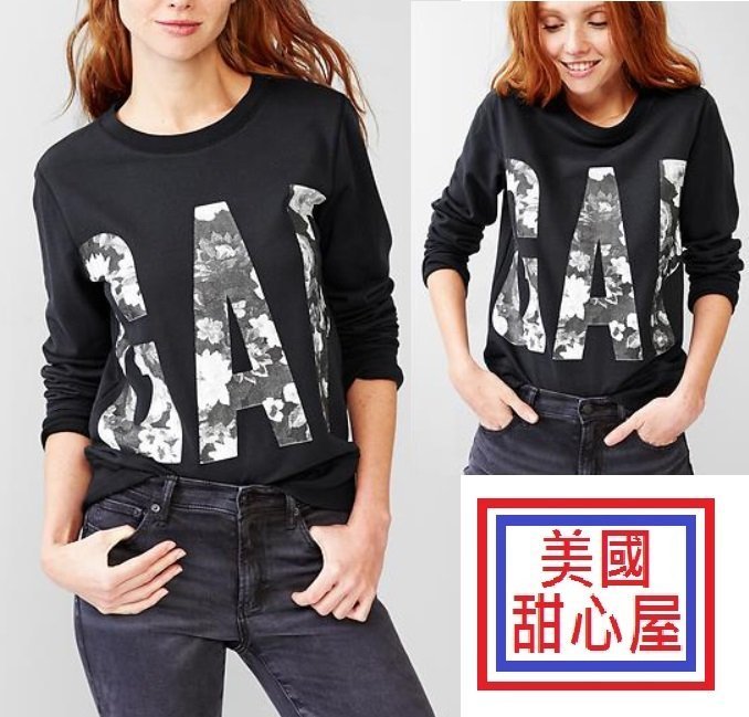 GAP 大學 t 長袖 上衣 女生 現貨 花朵 LOGO 標誌 黑色