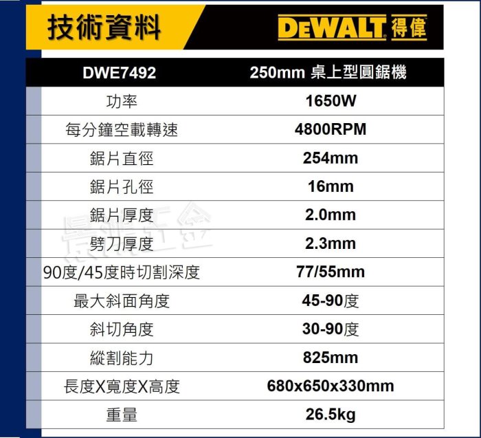 可刷卡分期 景鴻五金 公司貨 得偉 10吋 桌上型圓鋸機 平台圓鋸機 木工 DWE7492 桌上圓鋸機 含稅價