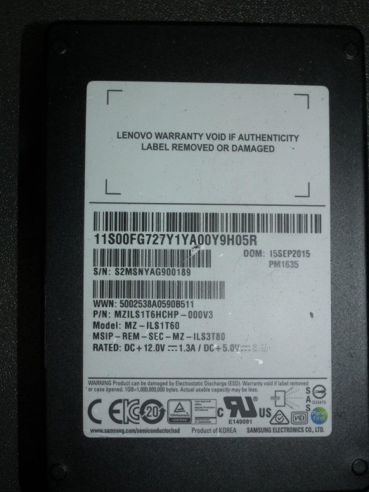 SAS SSD 1.6TB Samsung PM1635 MZ-ILS1T60 1.6T MLC 12G三星固態硬碟