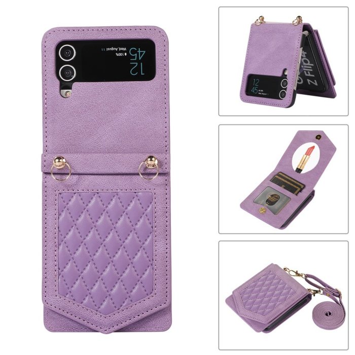 聯名好物-適用於三星 Galaxy Z Flip 4 5G Flip4 Flip3 錢包卡夾錢包掛繩錶帶保護套的斜挎皮革卡片保護套-全域代購