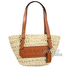 【茱麗葉精品】全新精品 COACH 專櫃商品 CJ638 經典皮標LOGO單肩手提草編包.咖邊 現貨