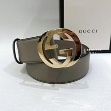 遠麗精品(板橋店) S0837guccic灰色牛皮銀色互扣G皮帶/帶寬4cm