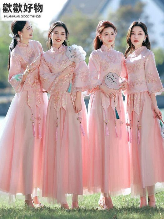 伴娘服新中式新款夏季閨蜜裝姐妹套裝古風漢服伴娘團結婚禮服~歡歡好物~