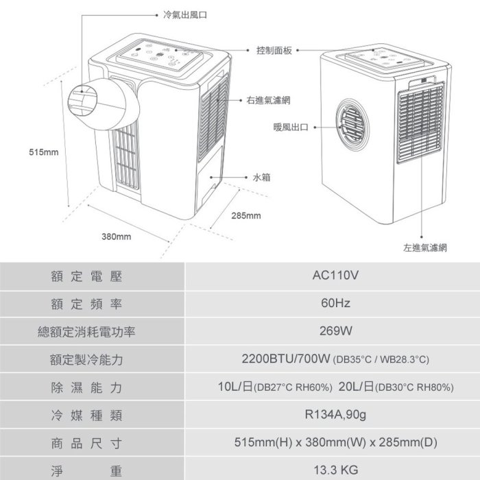 【美寧Mistral】免排熱管雙冷加強型移動式冷氣 JR-AC5K 移動式空調