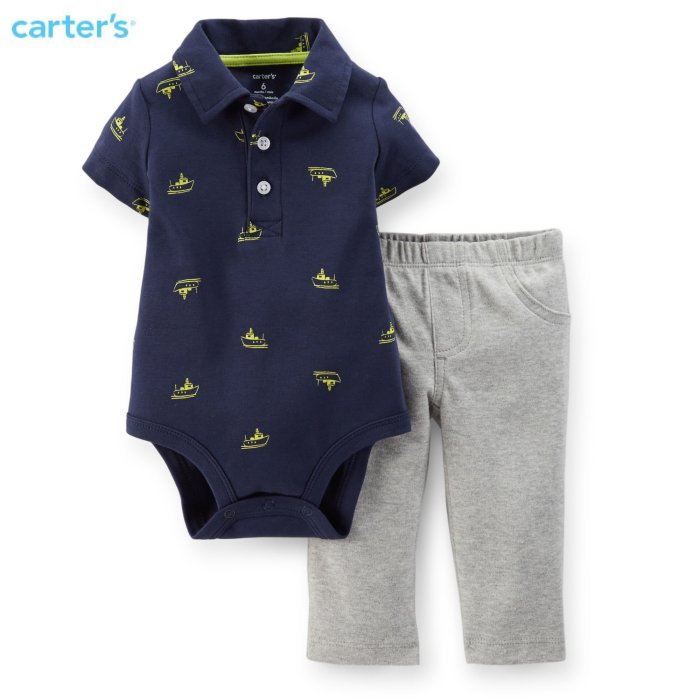 【Baby's closet】全新Carter's美國正品 藍色POLO式包屁衣+灰色長褲二件組18M