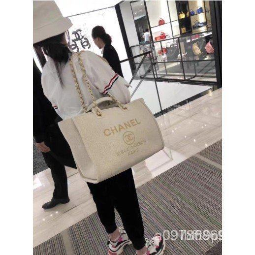 【日本二手】正貨 CHANEL 香奈兒米色軟呢材質金鍊沙灘包 海灘包 購物包 手提包 肩背包 側背包 A66941