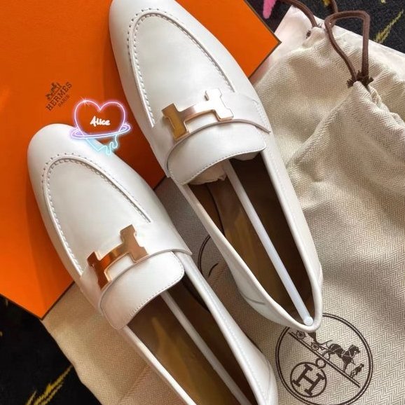 【二手99新】 Hermes 愛馬仕 colette 樂福鞋 白色 銀扣 平底 休閒鞋 女款樂福鞋