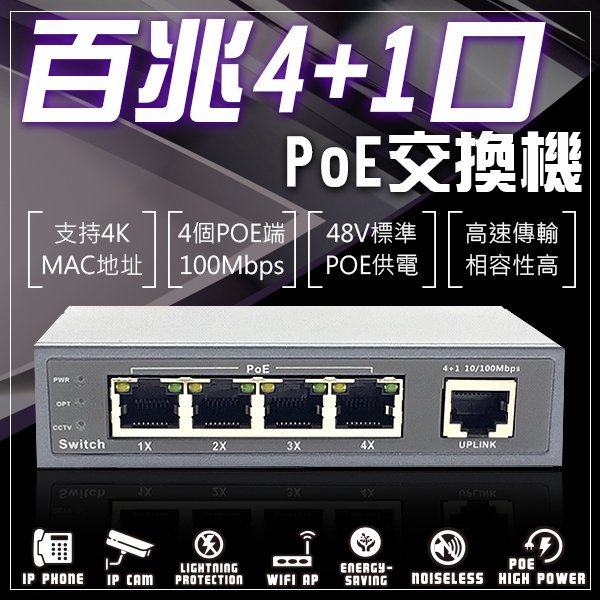 百兆4路 PoE網路交換機 POE 4+1埠 電源供應器 集線器 4+1口 乙太網路交換器 Switch 網路供電交換機