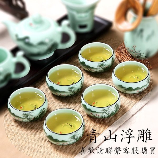 5Cgo【茗道】金魚小魚功夫茶茶杯茶具套裝陶瓷魚杯小茶碗杯子6只裝瓷青瓷手繪立體小魚田園風中式554874067821