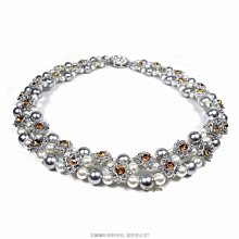 珍珠林~三串式珍珠加琥珀彩鑽項鍊~晚宴焦點設計款(另有手鍊搭配)#068+8