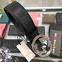 ㊣東區正精品㊣GUCCI 411924 全新黑色全皮壓紋銀色雙G logo 4cm 銀頭皮帶100CM RZ3701