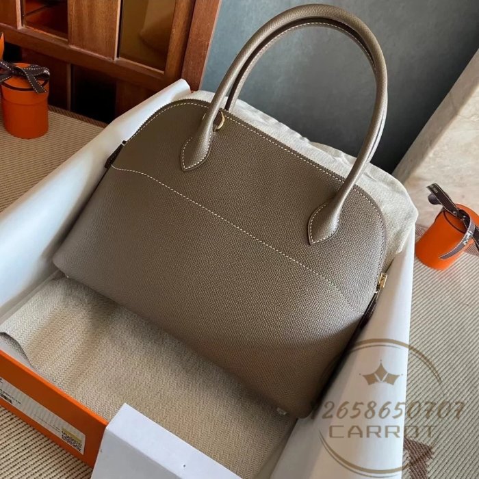 二手精品 Hermes 愛馬仕 Bolide 27 保齡球包 金扣 手提單肩斜挎包 女款 大象灰