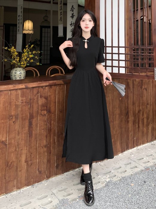 新中式改良旗袍連衣裙黑色大擺側面開衩短袖小黑裙