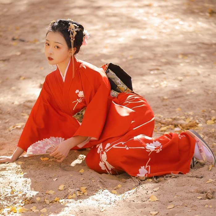 熱銷 日式服飾 桔子點點紅臘梅日本和服女日式改良日系傳統京都少女年會連衣裙