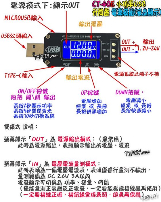 24V 3瓦 電流顯示【TopDIY】CT-40E USB 直流 升降壓 模組 桌面電源 實驗電源 電源供應器