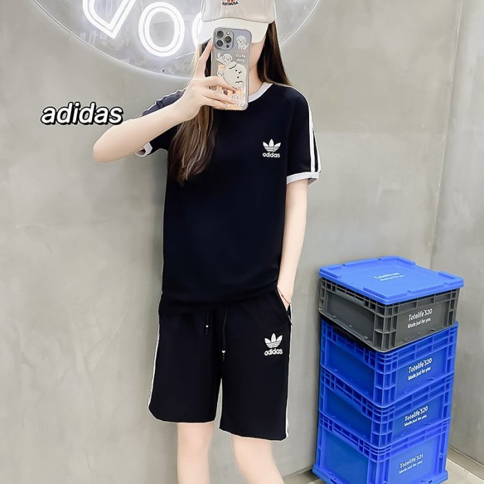 Adidas愛迪達 三葉草情侶運動服 女夏季新款休閒短褲套裝 男圓領短袖 T恤 長褲 跑步健身服360315