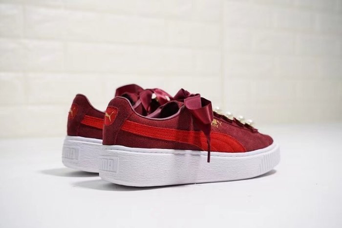 Puma basket platform metallic珍珠絲帶厚底松糕休閑板鞋“酒紅珍珠”366688-03