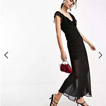 (嫻嫻屋) 英國ASOS-Glamorous黑色荷葉摺邊V領無袖透膚長裙洋裝 EJ23