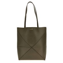 【LOEWE 羅威】Puzzle Fold Tote 中款 亮面牛皮 托特包 深卡其綠