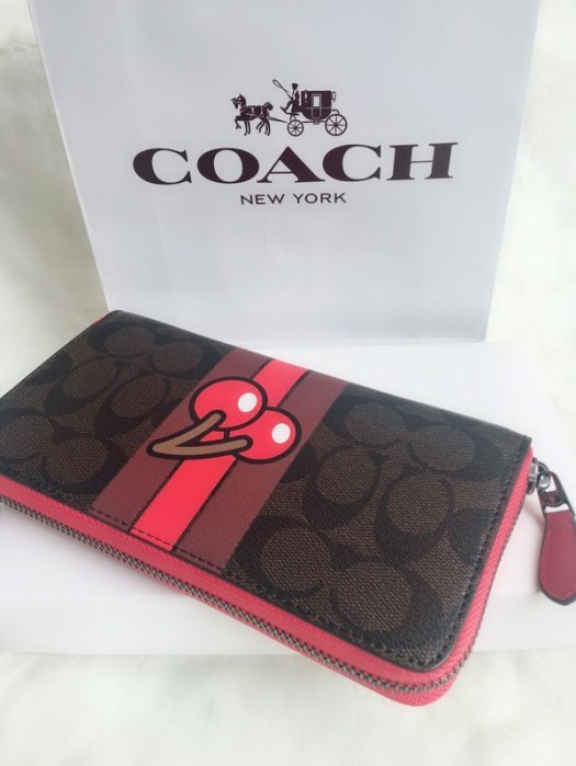 （Outlet特惠）COACH 56718 新款女士櫻桃系列印花拉鏈長夾 手拿包 附購買證明