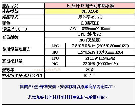 詢價折現金+送安裝+安檢~ 南盈廚具 櫻花牌 熱水器 SH-8205RK 10公升 防空燒 櫻花熱水器 SH-8205