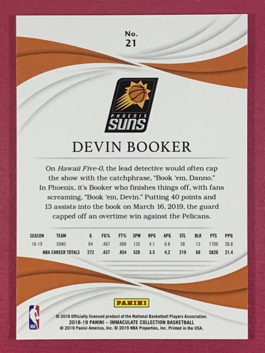 書人小國寶限量卡 2018-19 Panini Immaculate No.21 Devin Booker 95/99