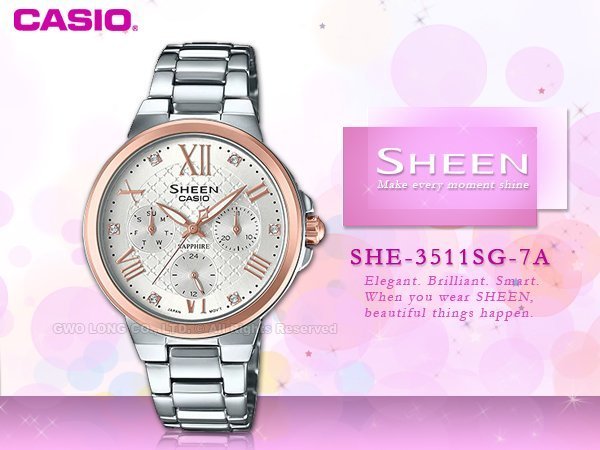 CASIO 卡西歐 手錶專賣店 國隆 SHEEN SHE-3511SG-7A 三眼女錶 不鏽鋼錶帶 銀 防水50米 全新品 保固一年 開發票