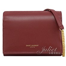 【茱麗葉精品】全新精品 YSL 專櫃商品 635219 燙金LOGO小牛皮可斜背釦式零錢短夾.深紅 現貨