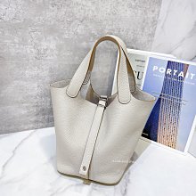 二手旗艦 HERMES 愛馬仕 珍珠灰色 菜籃子 PICOTIN 銀釦 TC皮18CM (中友店)03810