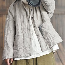 燕燕~色織條紋亞麻中式盤扣夾棉短外套