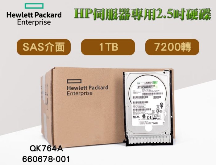 全新盒裝 HP QK764A 660678-001 1TB SAS 7.2K轉 2.5吋 P6000系列 伺服器硬碟