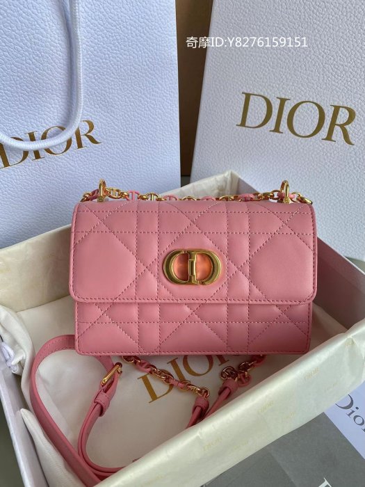 二手正品 DIOR 迪奧 CARO系列 柔軟藤格紋 小牛皮 鏈條包 斜挎包  單肩包 迷妳 粉色女款